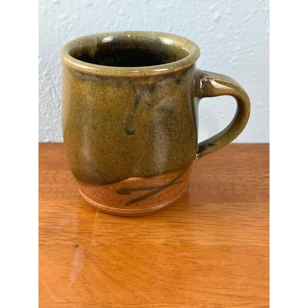 VTG Art Pottery Stoneware Coffee Mug Olive Brown Glaze Handmade Southwestern